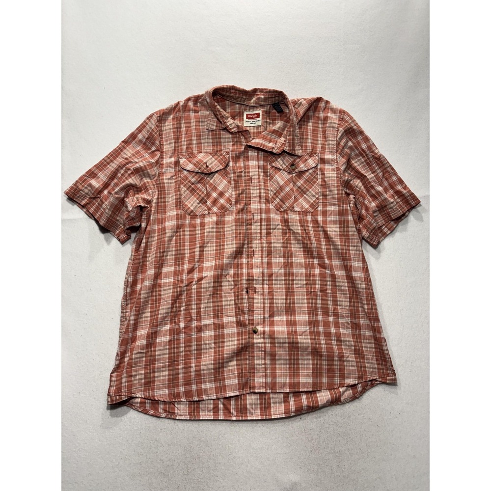 Wrangler Shirt Mens XL Orange Plaid Short Sleeve Button Up Casual Pockets